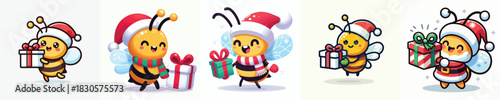 cute bee character vector in Christmas clothes carrying gifts
