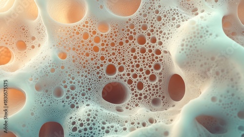 Tiny bubbles forming complex surface structure, abstract microscopic view, showing intricate details of nanotechnology science.