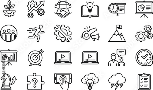 Business strategy and planning icons set, productivity, teamwork, goal setting, innovation, problem-solving, presentation, development, flat linear vector illustration.