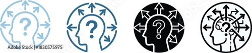 Confusion icon set, difficult decision-making process, multiple choices, uncertainty, question mark in head surrounded by divergent arrows, problem solving vector.