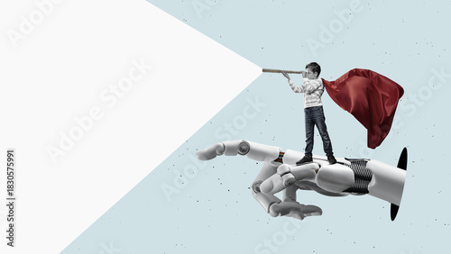 A child uses artificial intelligence, symbolically represented as a cyber robotic hand, to search for information. Child-safe AI technologies concept with copy space.