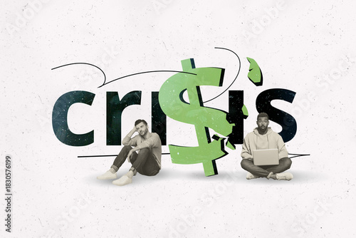 Exclusive image full photo collage of two inexperienced business partners freelancer surf laptop crisis dollar inflation collapse