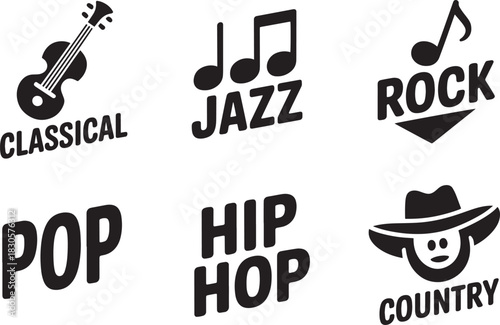 Collection of six different silhouette genre icons including classical jazz rock pop hip hop and country