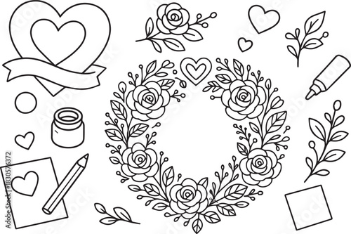 Hand-drawn doodle vector illustration for Valentine’s Day showing handmade card-making elements in simple black and white line art, perfect for romantic crafts, DIY valentines, love themes and colorin