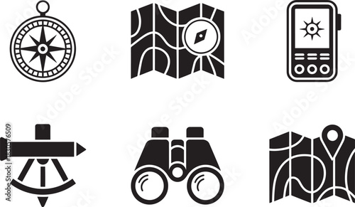 Navigation and orientation tools icons set compass map gps device sextant and binoculars symbols