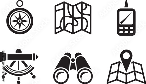 Navigation and exploration icons set compass map gps receiver surveying instrument binoculars location marker