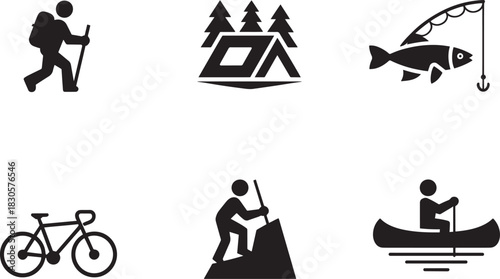 Outdoor recreation activities vector icons hiking camping fishing cycling climbing and canoeing symbols