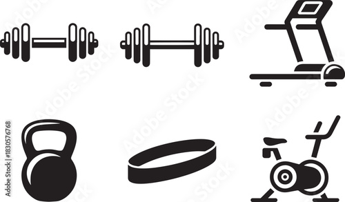 Set of black vector icons representing gym workout and fitness equipment on transparent background