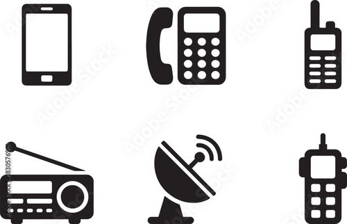 Set of six communication technology icons including smartphone telephone radio satellite dish and walkie talkies
