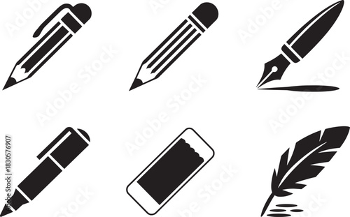 Set of six writing instruments and stationery icons including pen pencil fountain pen marker eraser and quill