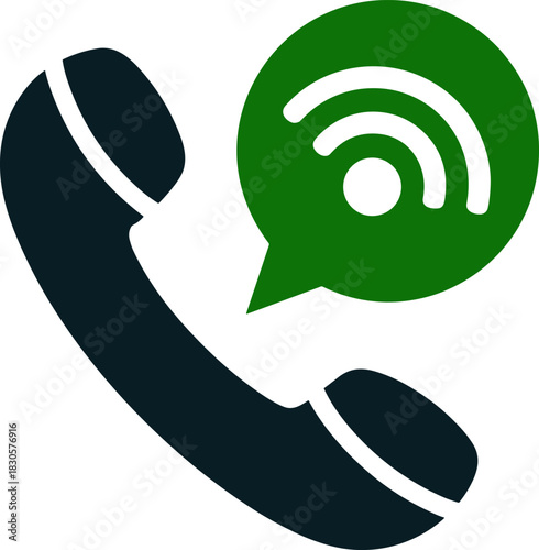 Wireless Call Signal Vector Icon: Classic Handset with Green Speech Bubble Indicating Strong Wi-Fi or Network Connection. Modern VoIP Technology Symbol for Telecommunication Apps and Websites.