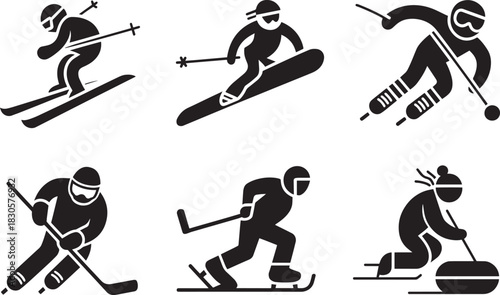 Silhouettes set of various winter sports athletes skiing snowboarding and ice hockey players