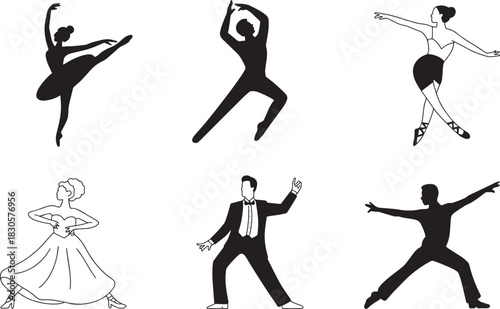 Six dancer silhouettes illustrating various styles including ballet contemporary and ballroom
