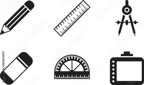 Six geometry and technical drawing tool icons featuring pencil ruler protractor compass eraser and digital pad