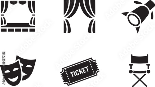 Theater and acting icons set includes stage curtains spotlight masks ticket directors chair