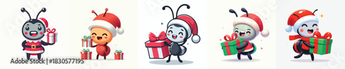 cute ant character vector in Christmas clothes carrying gifts