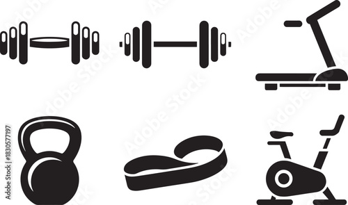 Vector icons set of fitness and gym training equipment silhouettes on transparent background