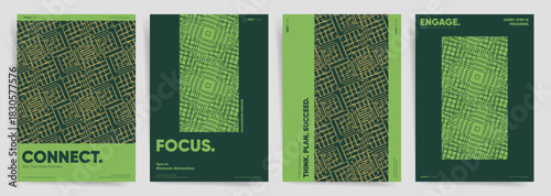 Green tech maze line poster set. Abstract circuit grid pattern backgrounds for modern IT business connection cover, flyer, brochure and banner design.
