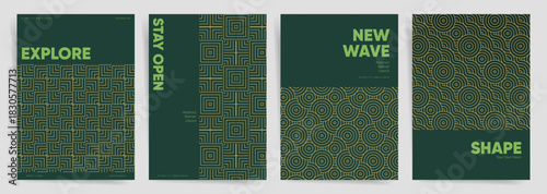 Modern geometric wave cover design set. Abstract green gold japanese wavy pattern collection. Minimal business background template. Green geometric maze wave poster backgrounds for modern A4 banners.
