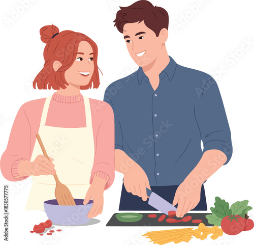 Couple cooking food on transparent background. Vector illustration in flat style. Man and woman prepare dish together at home, love and happiness