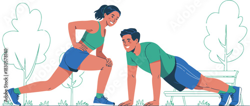 Couple doing stretching exercises together in a park for health and fitness, improving body flexibility cartoon vector illustration
