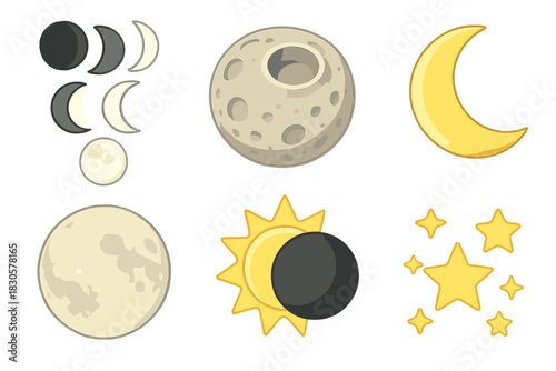Astronomical symbols: moon phases, sun, stars, eclipse illustrations