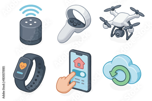 Modern smart devices collection: speaker, controller, drone, watch, smartphone, cloud icon