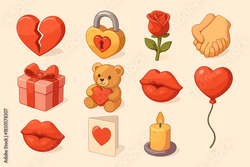 Romantic symbols collection with lips, heart lock, rose, teddy bear, candle, and gift box