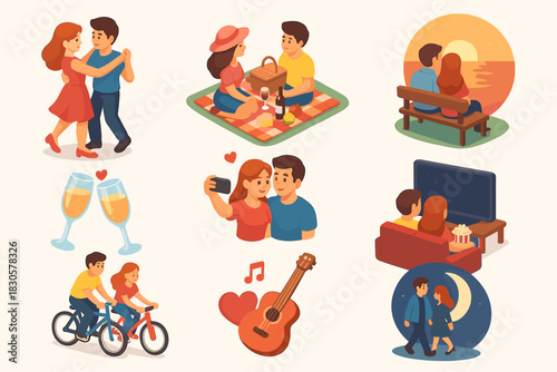 Romantic couple activities set with diverse outdoor and indoor scenes