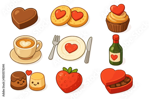 Cute valentine's day icons with hearts - cupcake, cookies, chocolate, coffee, and more