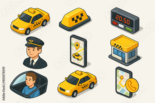Taxi service infographic: vehicles, drivers, and digital tools for modern transportation