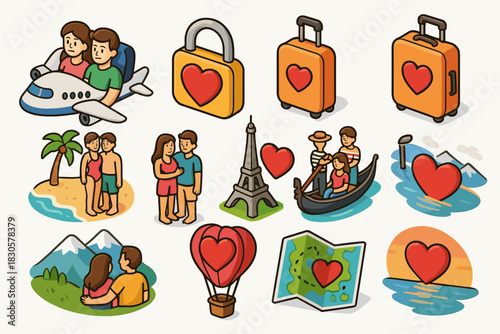 Travel romance icons: couples exploring destinations and love symbols