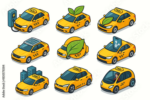 Set of eco-friendly taxi concepts: electric, solar, and ride-sharing innovations