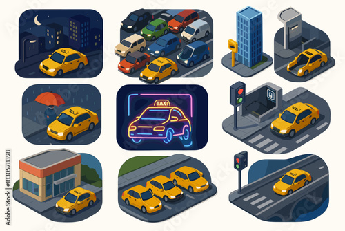 Urban taxi service scenes at night and day with neon signs and cityscapes