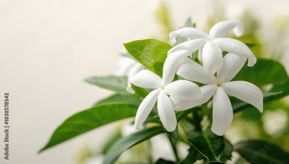 Obraz premium Close-up of fresh white jasmine flowers with delicate petals and green leaves used in floral arrangements, purity and beauty emphasis