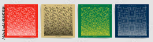 Japanese Lunar New Year Wave and Maze Square Set. Red, gold and green festival patterns for seasonal gift wraps. Traditional Asian Geometric Patterns in Red, Gold, Green, Blue for New Year, Packaging.