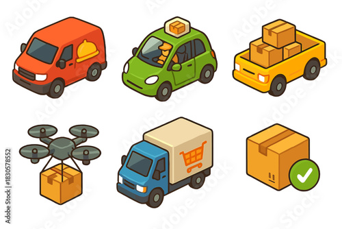 Colorful isometric delivery vehicles with packages and drone