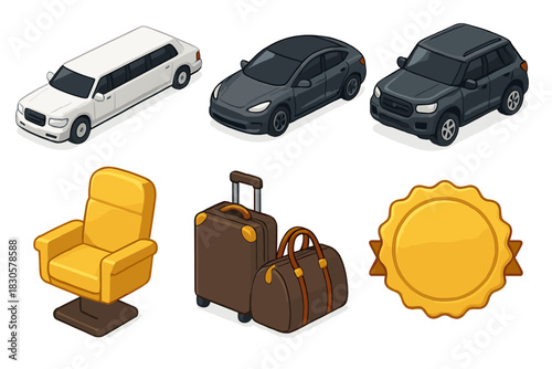 Set of cars, limo, armchair, luggage, and award seal on white background