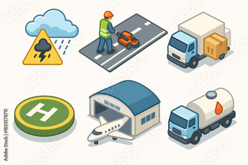Isometric icons of construction, transport, and weather elements