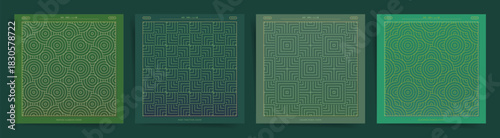 Matcha Green Geometric Line Poster Set. Japanese Maze and Wave Pattern Collection for Tea Branding, Minimal Design, and Packaging Use. Japanese matcha tea patterns for calm organic branding projects.
