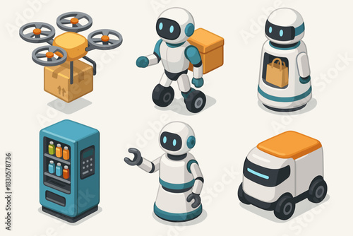 Set of cute delivery robots and vending machine in isometric style