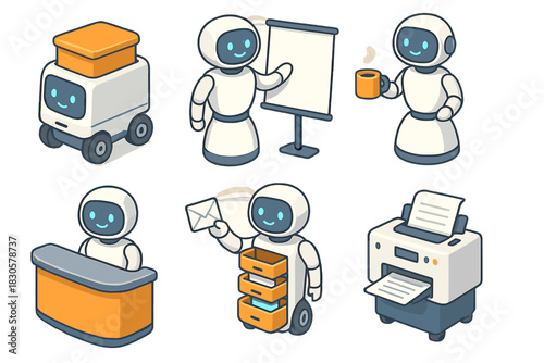 Robots engaged in office tasks with presentation, coffee, reception, mail, and printing activities