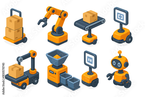 Isometric set of warehouse robots with conveyor and boxes