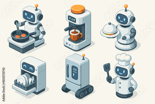 Cute cooking robots and appliances set in kitchen scene