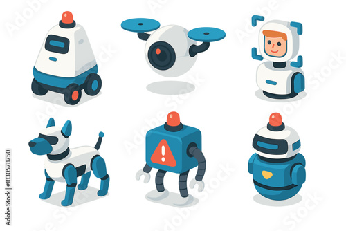 Collection of six cartoon robots featuring dog bot, drone, and humanoid