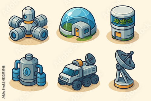 Futuristic space colony icons: dome, rover, satellite, habitat structures