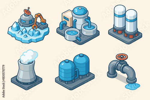 Isometric water facility icons with industrial equipment and technology elements