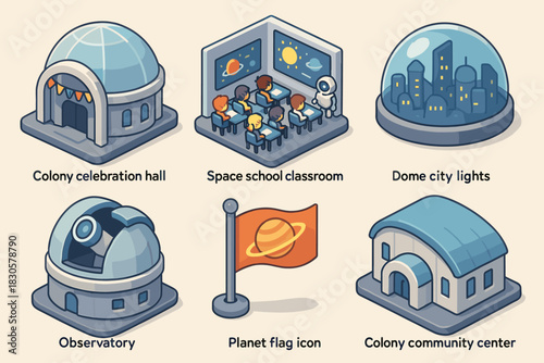 Futuristic space colony icons: celebration hall, classroom, dome city, observatory, planet flag, community center