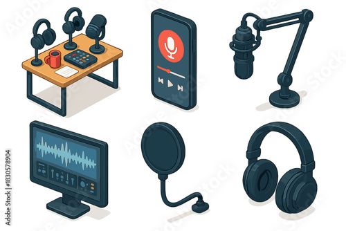 Podcast studio equipment featuring microphones, headphones, and audio interface