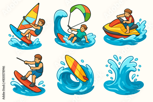 Cartoon water sports: surfing, windsurfing, kitesurfing, jet skiing, waves